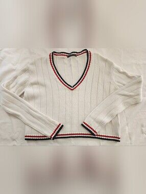 Brandy Melville White V-Neck Ribbed Sweater with Red & Navy Trim